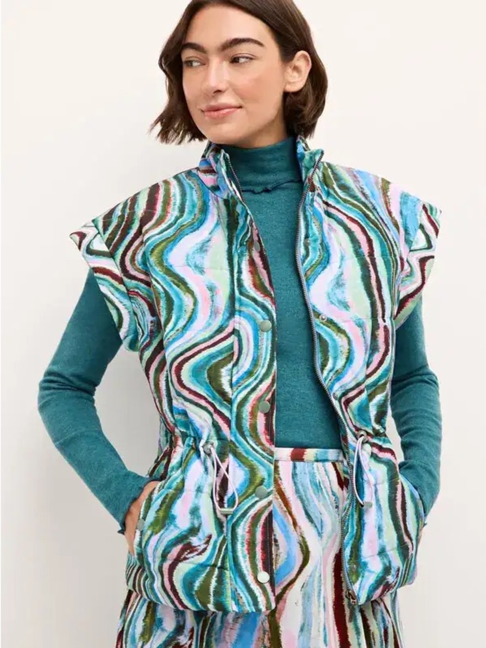 The Marie Oliver Lyndon vest Wave-Print Quilted Vest - Teal XS NEW